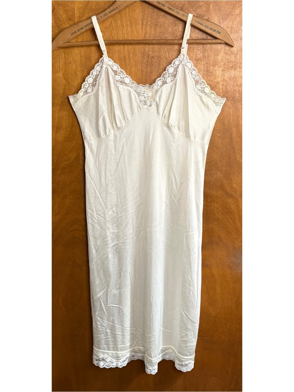 Vintage White Satin Lace Trim Midi Slip Dress Nylon XS Nightgown Fairy Grunge
